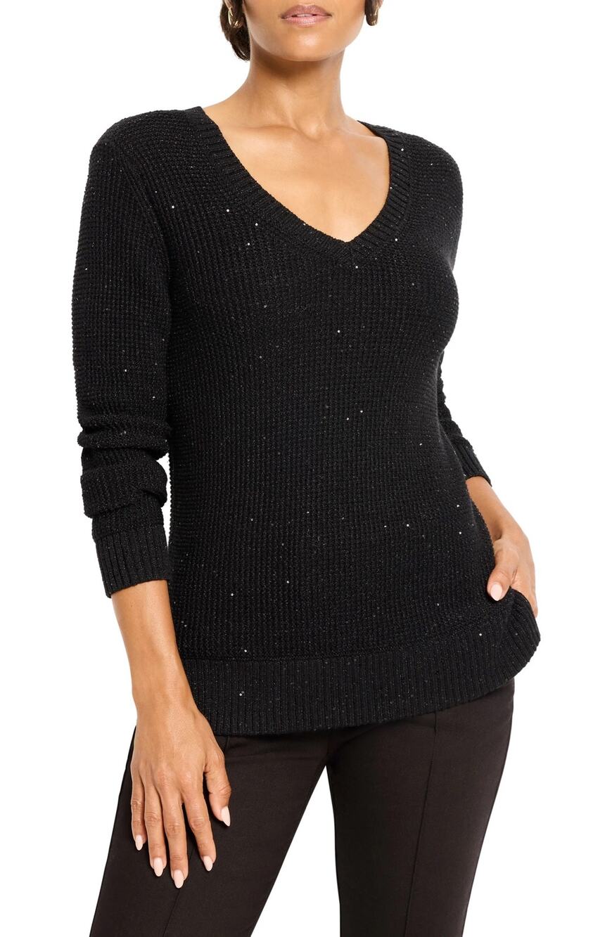 NIC + ZOE Shimmer V-Neck Long Sleeve Waffle Stitch Black Sweater XS